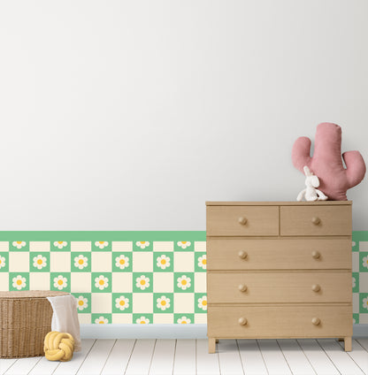 Spring Gingham &amp; Daisies — Half Wall Decal